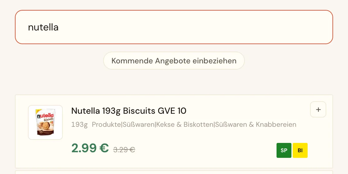 Beispiel: Suche nach Nutella mit Preisen und Supermärkten